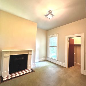 Bedroom - Fireplace with checked tiles, small walk-in closet, single overhead light.