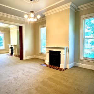 Second living area with fireplace and overhead lighting