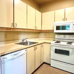 Kitchen showing dishwasher, sink, microwave and oven
